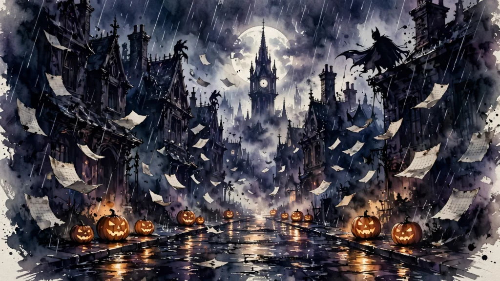 Batman The Long Halloween explained — a rain-soaked gothic city street with glowing jack-o'-lanterns under a full moon