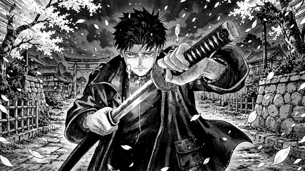 Kagurabachi books in order — young swordsman with a katana among cherry blossoms in shonen manga style