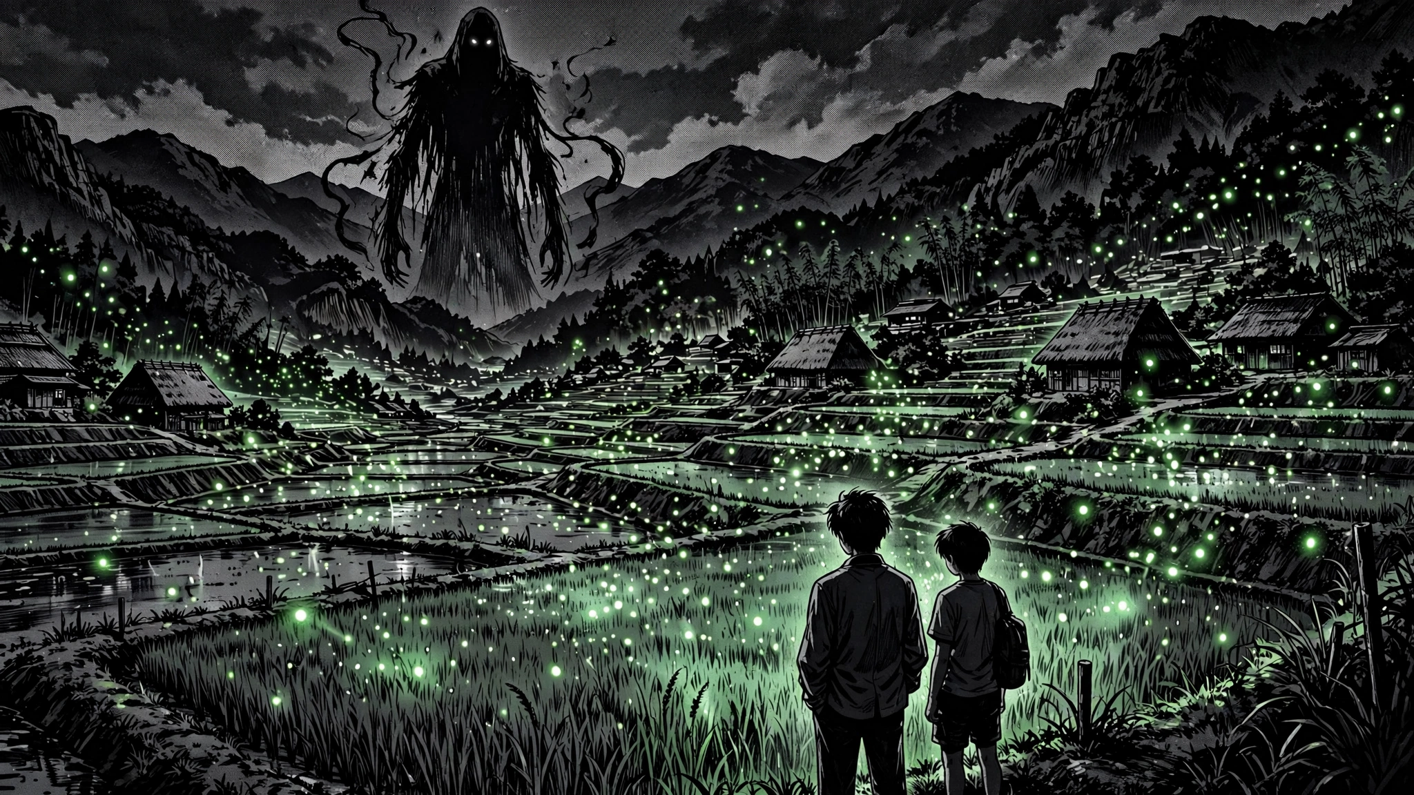 The Summer Hikaru Died books in order — eerie comic art of two boys and a shadowy figure in a rural village