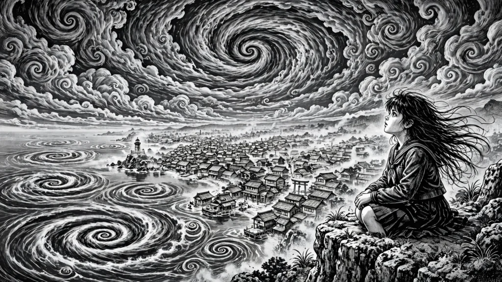 Uzumaki manga review — a foggy Japanese coastal town under giant hypnotic spiral clouds in black-and-white horror manga art